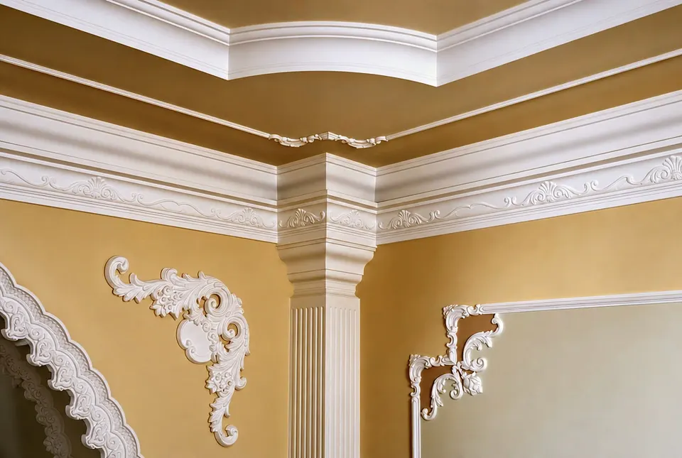 Room corner with a plaster pilaster, cornice and ornaments on ochre walls