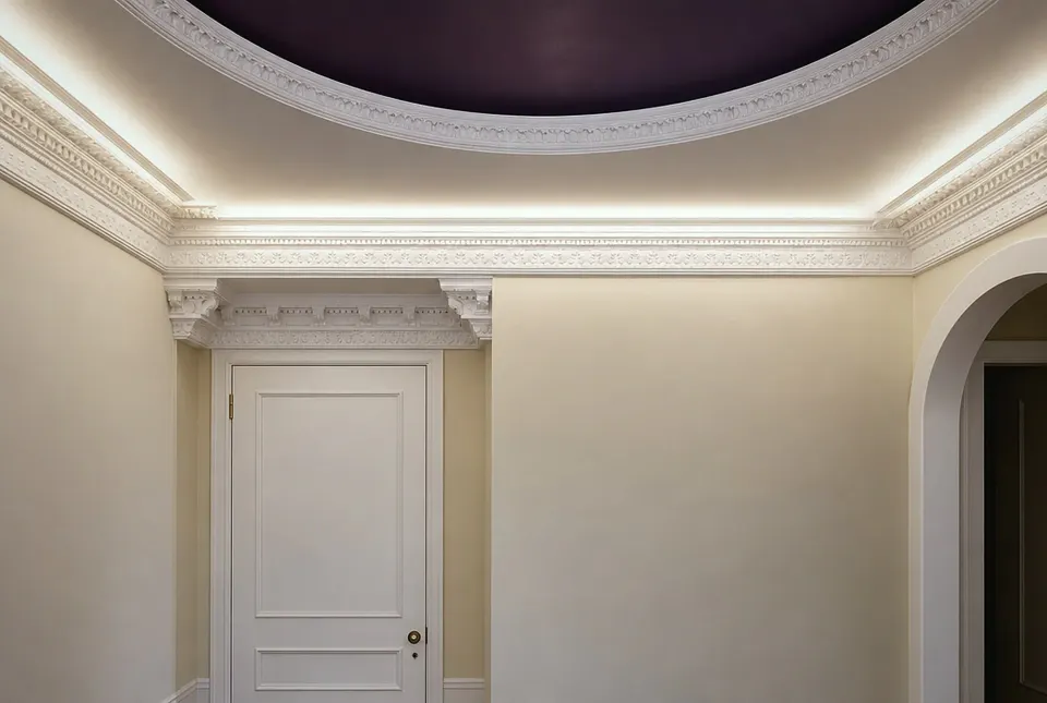 Room with a purple domed ceiling, cove with indirect light, cornice and a white door